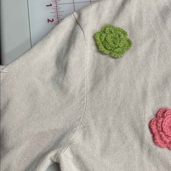 AAEDA Cottage Multi Color Crochet Flower Applique Open Front Lt Beige Cardigan L - Picture 6 of 16